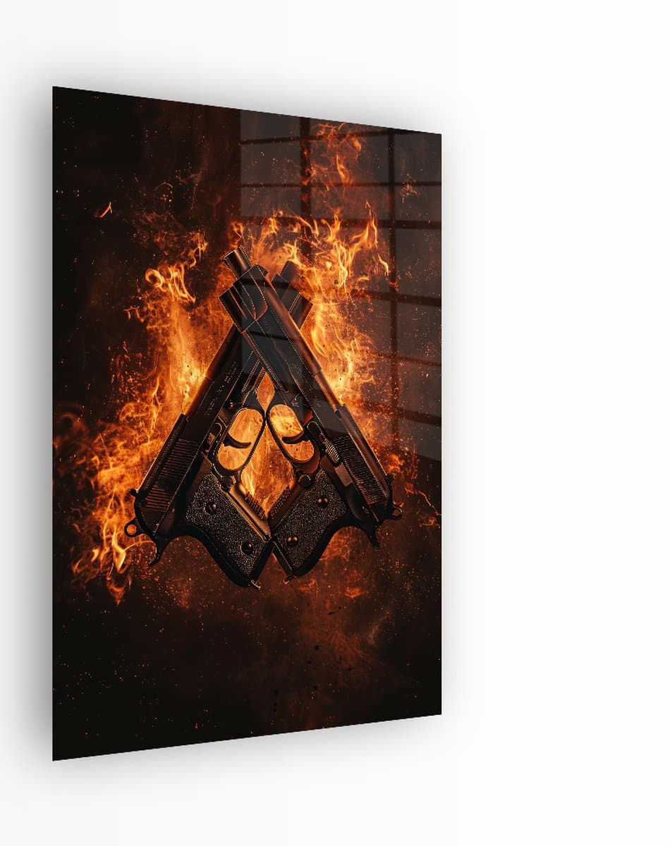 Indoorart - Glasschilderij Crossed Handguns 60x90 CM - Afbeelding op plexiglas - Inclusief montagemateriaal