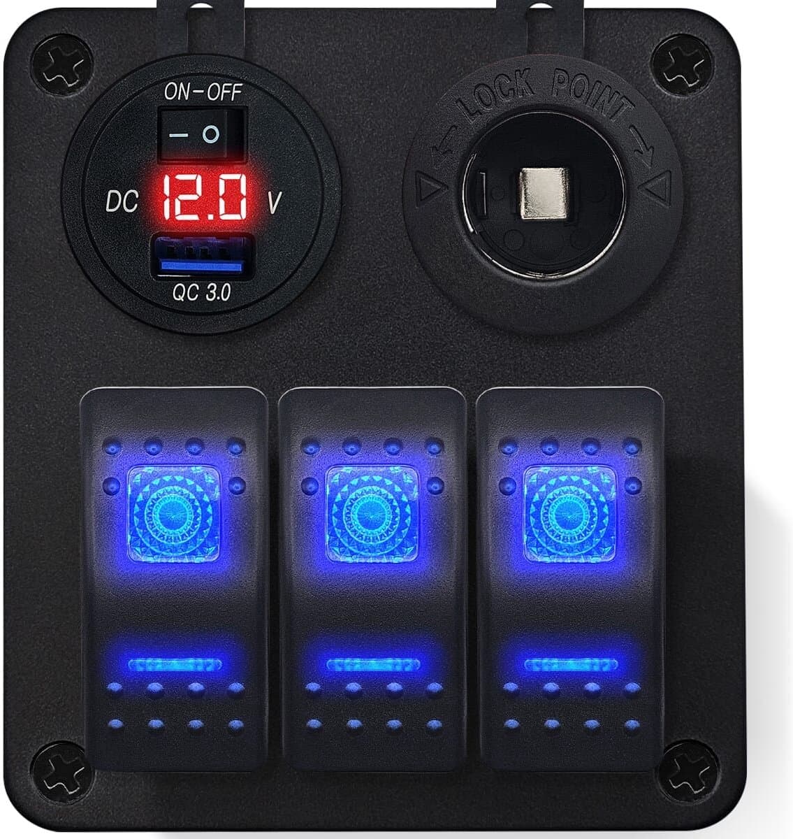ProRide Schakelpaneel 12V voor Auto/Boot - USB Lader met Sigaretten stopcontact - 5V/2.4A - 3 schakelaars