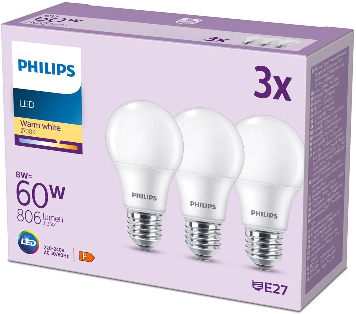 Philips LED Lamp Mat - 60 W - E27 - Warmwit licht - 3 stuks