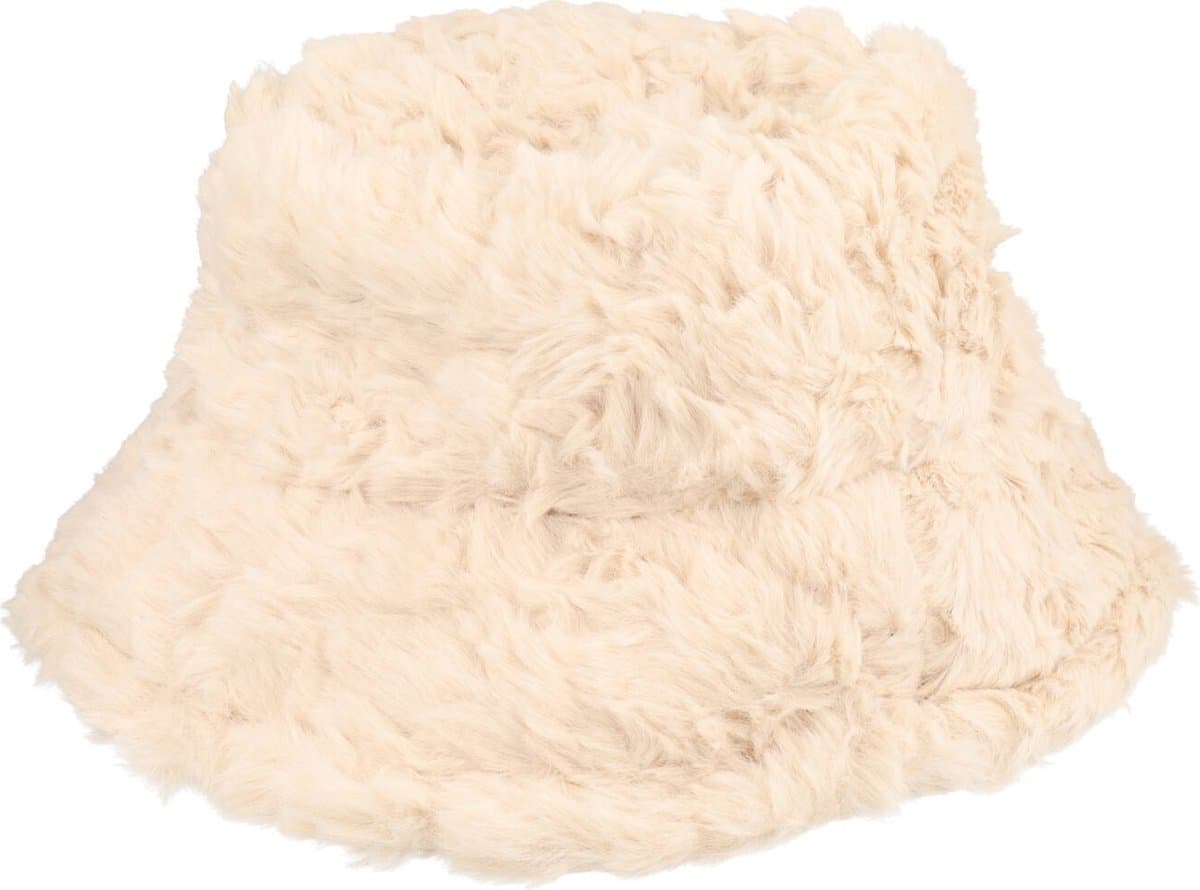 Haarsoires Bucket Hat Hoedje – Fluffy Imitatiebont – One Size – Creme - Vissershoedje - voor Dames & Heren