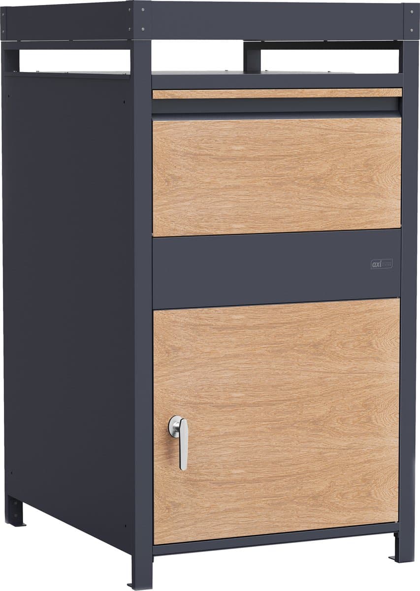 AXI Louis Pakketbrievenbus van Metaal Antraciet/Houtlook met plantenbak – Parcel Box voor meerdere pakketjes – Inclusief slot – 68 x 80 x 124 cm