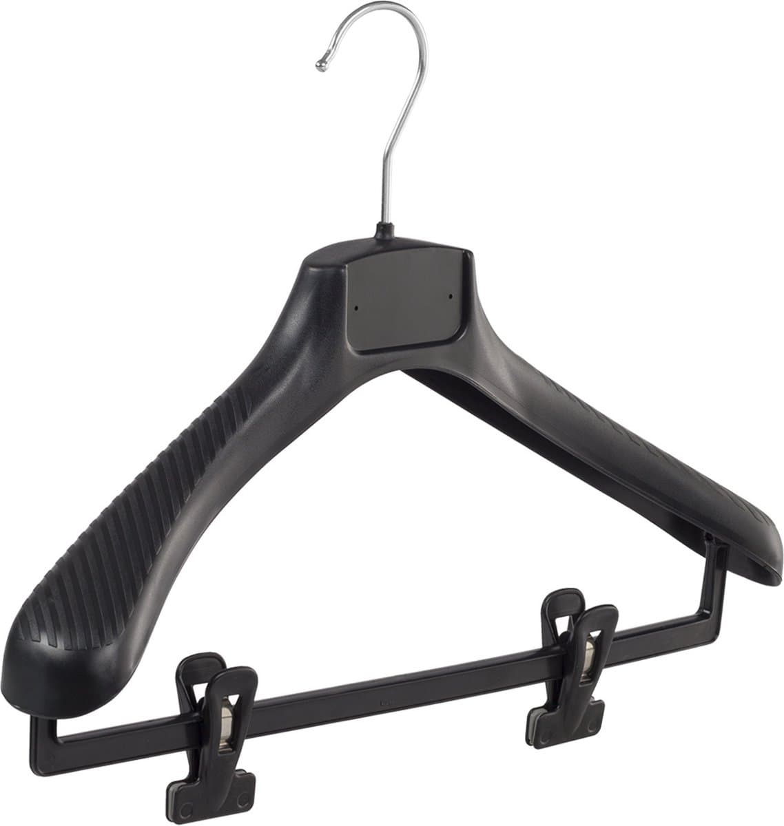 De Kledinghanger Gigant - Mantelhanger - Kostuumhanger - Jassenhanger - Volwassenen - FG39 - 30 Stuks - Kunststof - Zwart - Gebogen Model - Schouderverbreding 6 cm - Anti-slip Knijpers - 39 cm - Kledinghanger - Kleerhanger - FG-Serie (FG39/BC_00/30)
