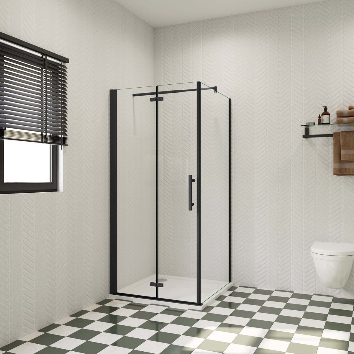 80x70x185cm douchecabine met inklapbare vouwdeur en vaste zijwand, 6mm helder EasyClean veiligheidsglas,mat zwarte aluminium frame, stabilisatiestang 70-120 cm
