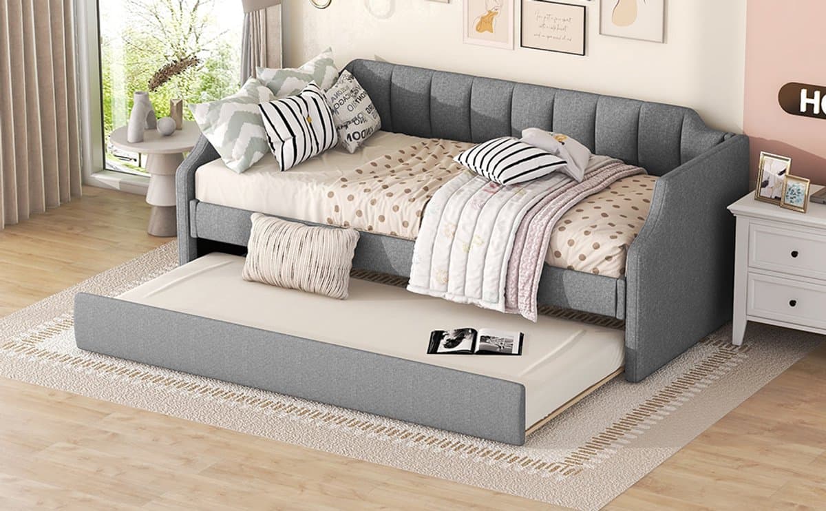 FloraGrace Gestoffeerd Dagbed 90x200 cm - Met Uitschuifbaar Logeerbed - Ruimtebesparend - Zonder Matras - Grijs