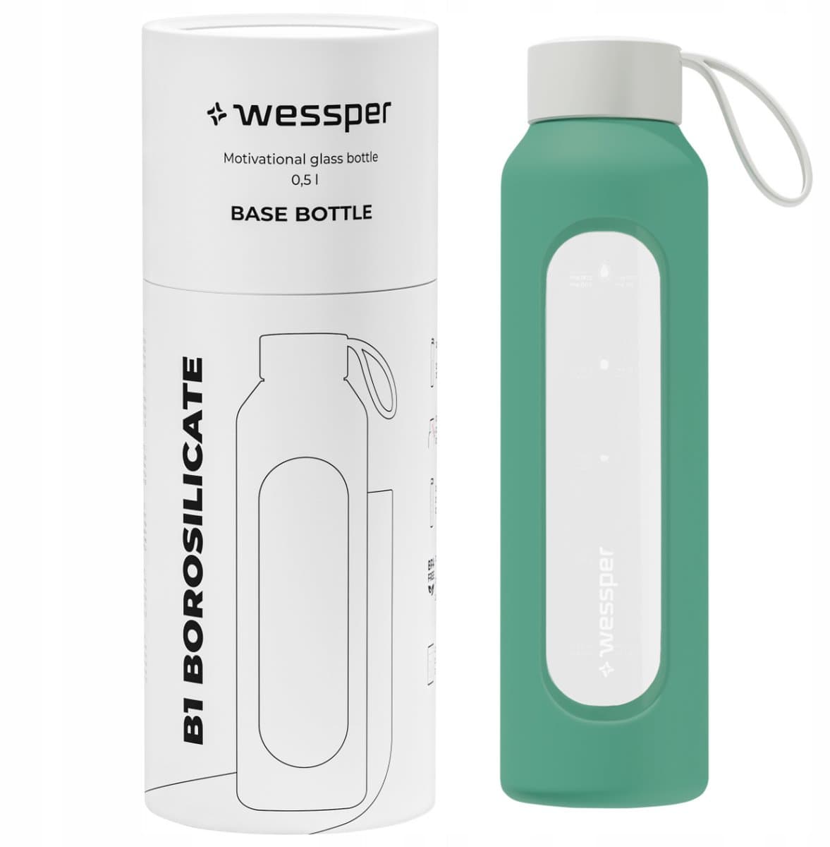 Glazen Motivatiefles 500ml – Duurzame Waterfles in Lagoon