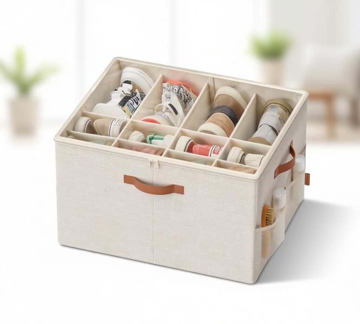 ElleMooi Schoenenorganizer voor 16 paar schoenen, opbergdoos met transparant deksel, verstelbare vakken, handgrepen, ruimtebesparend, karton en kunststof, Duifgrijs