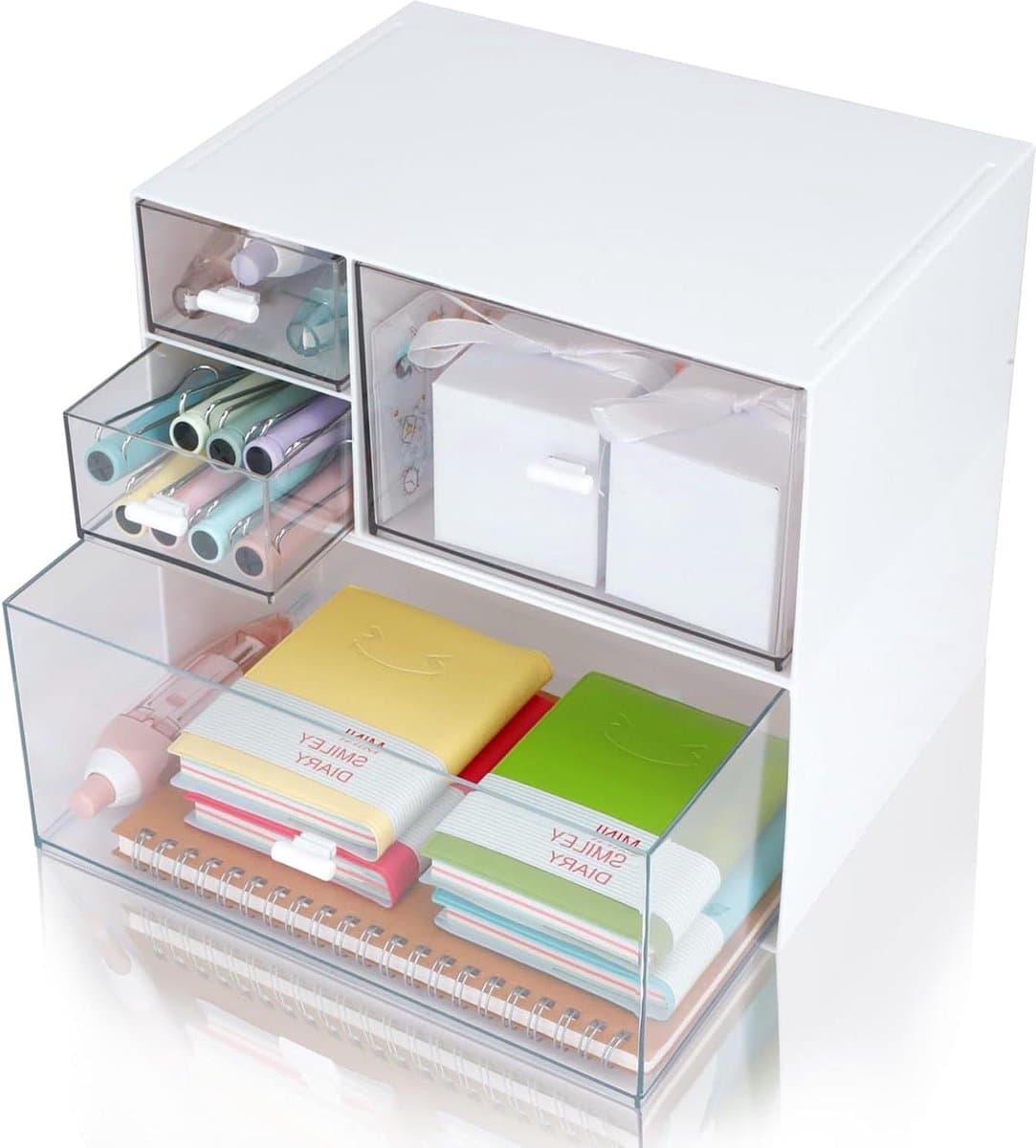 Stapelbare opbergvakken witte kunststof bureau-organizer met 4 laden - heldere bureau-opbergdozen voor badkamer en kantoorbenodigdheden