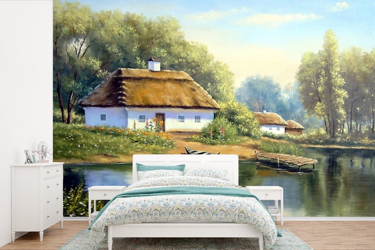 Behang - Fotobehang Schilderij - Huis - Natuur - Water - Olieverf - Breedte 390 cm x hoogte 260 cm