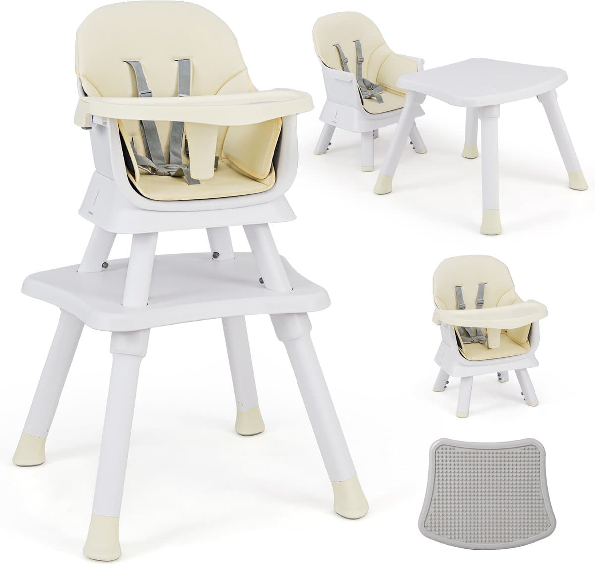 COSTWAY 6-in-1 babystoel, kinderstoel, eetstoel, leertafel, bouwsteentafel, kinderzitgroep, kinderstoel met veiligheidsgordel en afneembaar dienblad, babystoel, combi-kinderstoel (beige + wit)