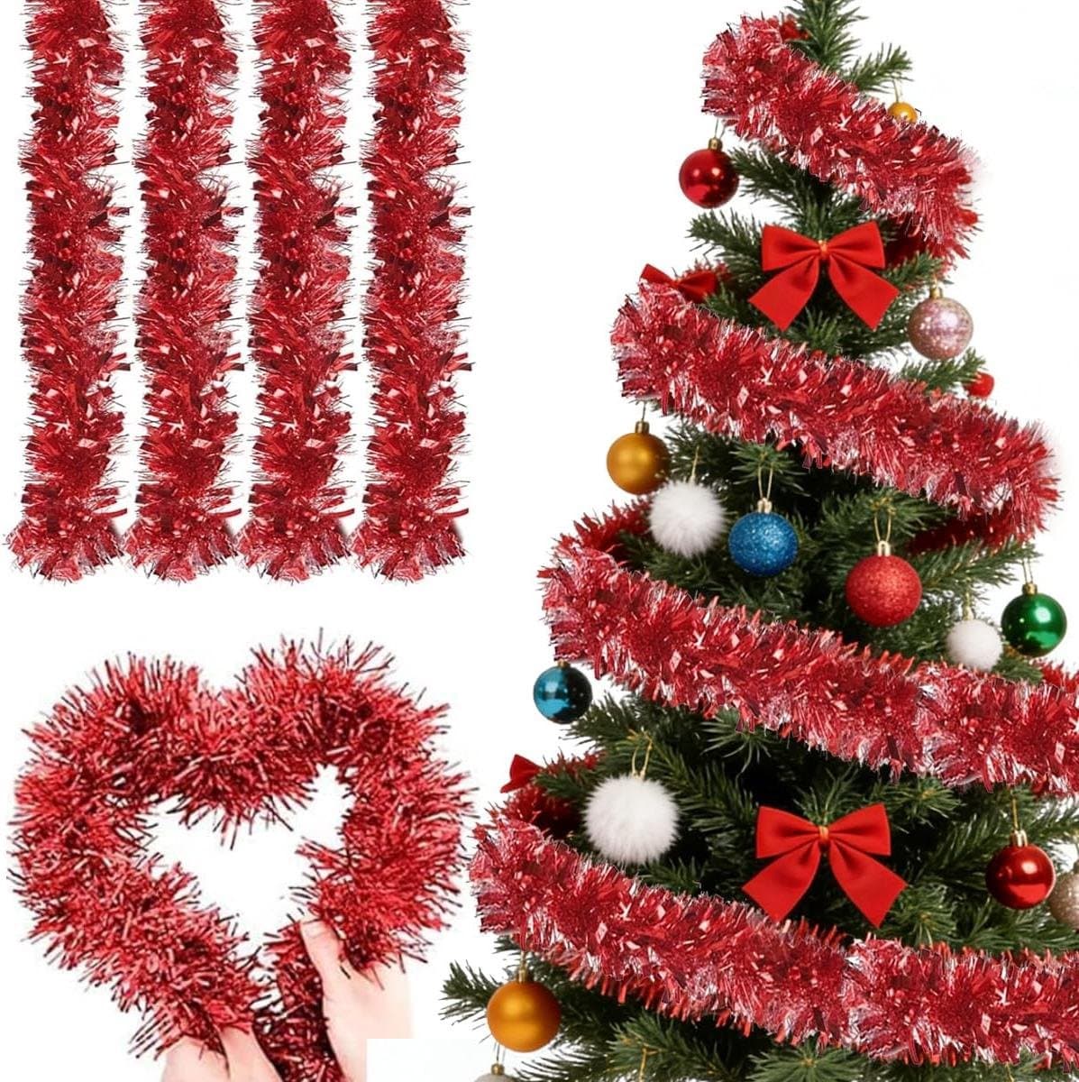 4 Stuks Kerstboom Versiering Slingers voor Feestelijke Decoratie Binnen en Buiten, 2 Meter Per Stuk, Rood