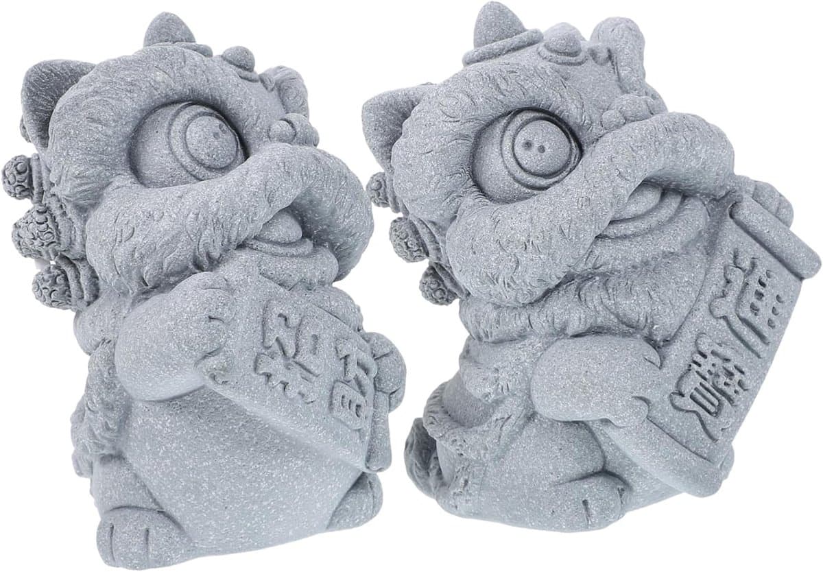 Decoratieve Leeuwen Beeldjes - Mini Leeuwen Sculpturen - Aquarium Decoratie - Stijlvol Ontwerp - 8.5 x 6 cm - Donkergrijs