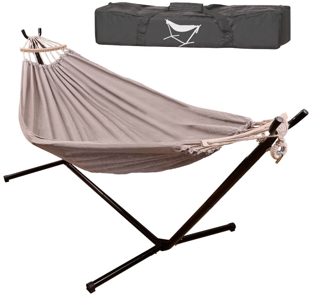 Hangmat met Standaard 2 Persoons - Verhoogde, Stevige & Weerbestendige Constructie - Comfortabele Hangmat - Max. Belast. 150 kg - Beige