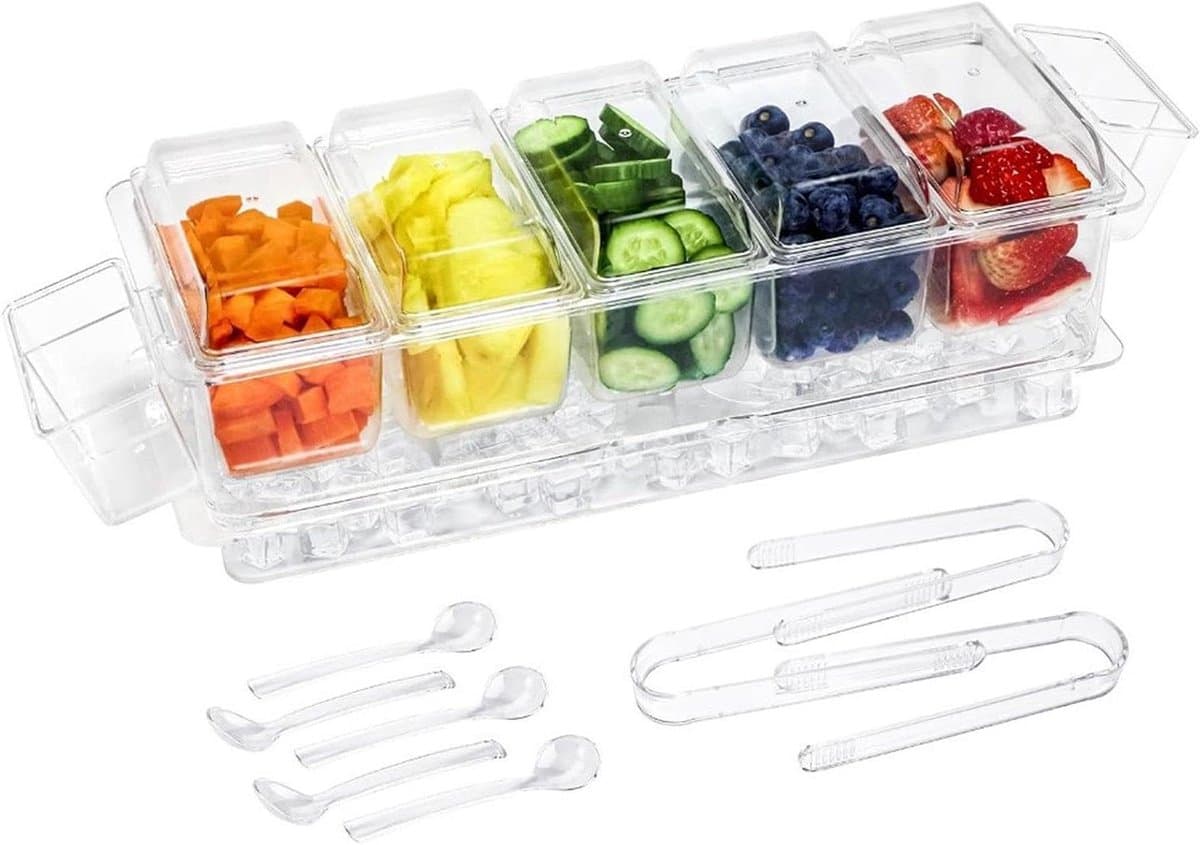 Voedselcontainers Vriezer - Diepvriesdozen Set - Maaltijdvoorbereiding Thuis - Vijf Vakken Ontwerp - 42x17x14.5 cm - Transparant