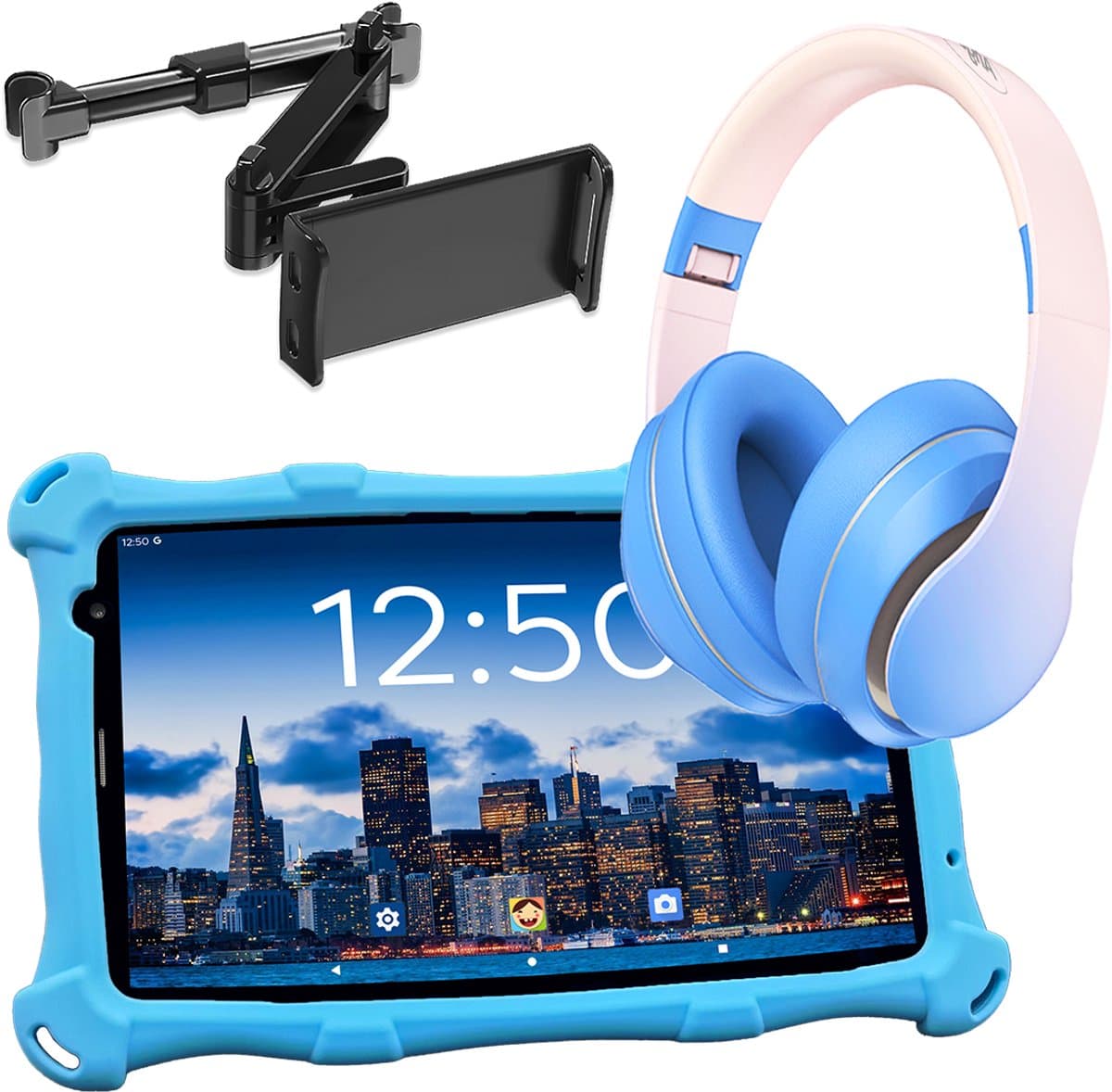 AngelTech Luxe OnderwegPakket PRO MAX – Kindertablet PRO MAX Blauw + Kinderkoptelefoon + Tablethouder - Android 15 - Kindertablet Vanaf 3 Jaar – Kinder Tablet – Kids Tablet - Tablet voor Kinderen
