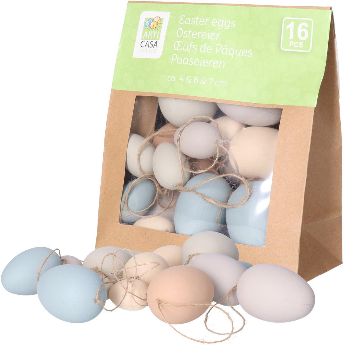 Arti Casa Paaseieren hangdecoraties - kleuren mix - 32x stuks - 4/6/7 cm - plastic - Pasen versiering - met touwtjes