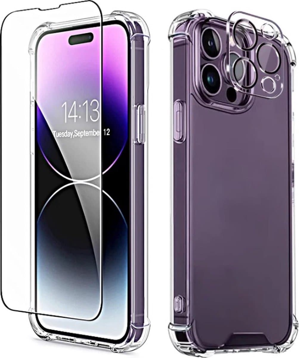 Waeyz - 3in1 Set Hoesje geschikt voor iPhone 15Plus Super Shockproof Back Cover Transparant - Inclusief HD 9H Screenprotector Tempered Glass en Camera protector Bescherm Glas