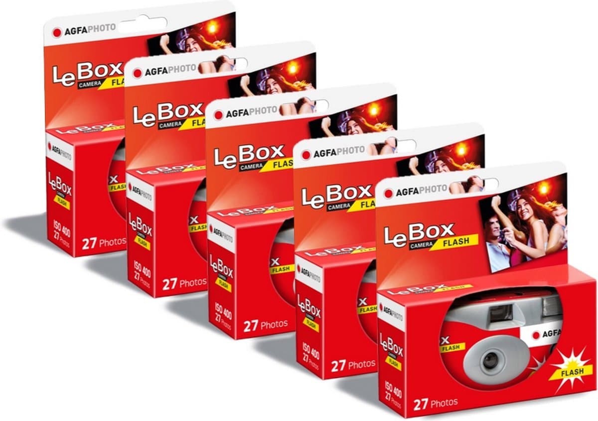 AGFA PHOTO PACK 5 x 601020 – Wegwerpcamera LeBox Flash, 27 foto’s, 31 mm optische lens – Grijs en Rood