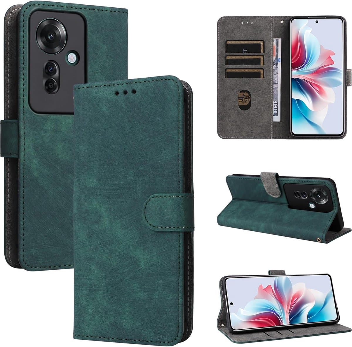 Geschikt voor Oppo Reno 11 F 5G - Blokkeringsfunctie - Portemonnee - Magnetische Standaard - Book Case Hoesje - Groen