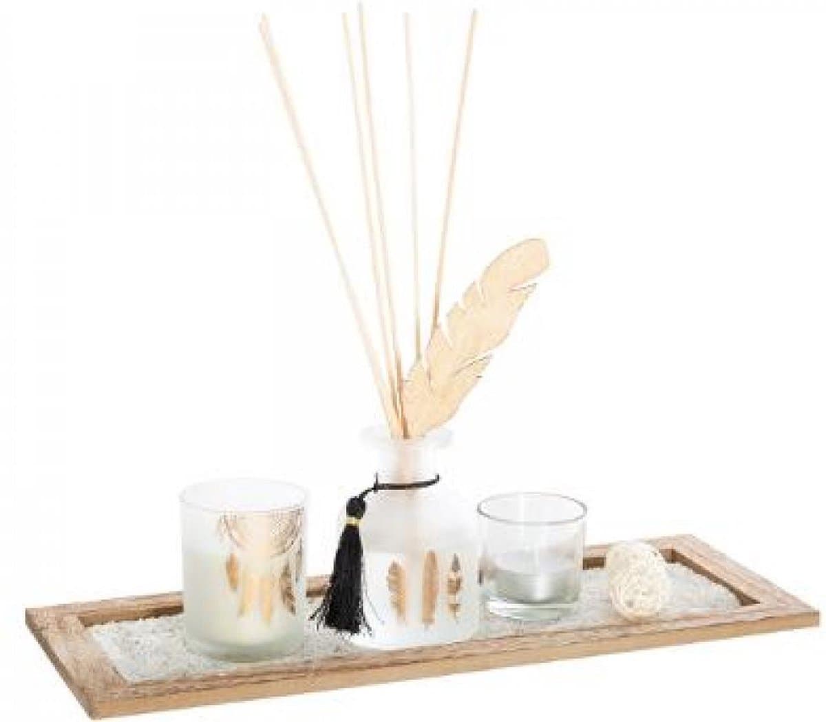 Atmosphera Geur Cadeauset - Glazen Parfumverdamper, Geurkaars, Theelicht, Houten Dienblad, Wit