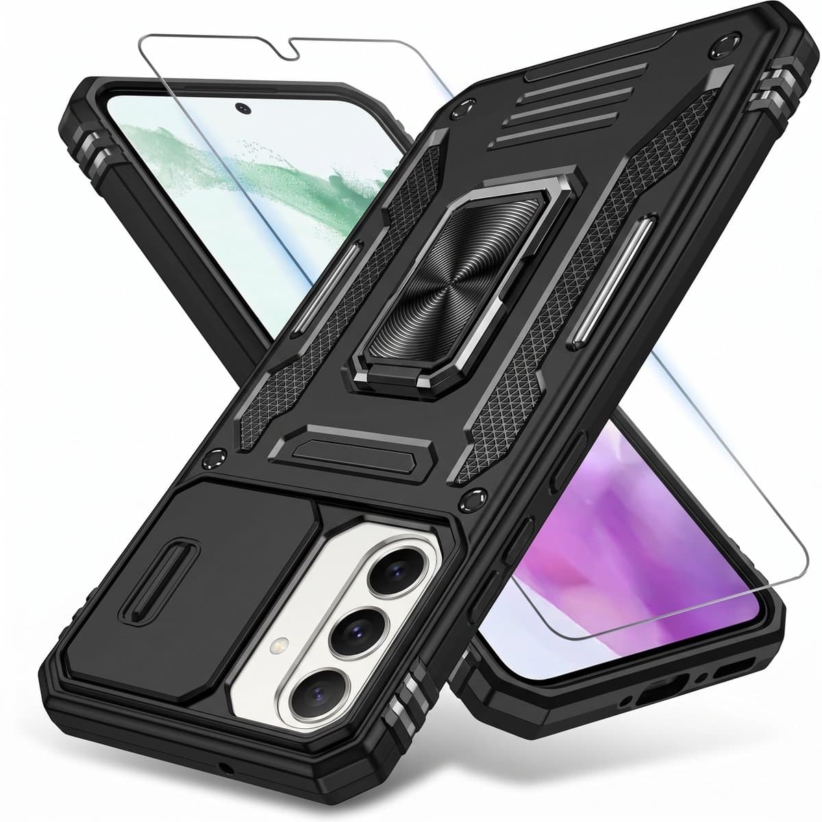 Podec Hoesje met Screenprotector - Geschikt voor Samsung Galaxy S26 - Zwart Telefoonhoesje - Anti-Shock Case - Hybrid Armor Hoes met Kickstand Ring