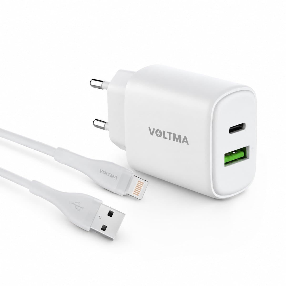 Voltma PH20T10UL 20W USB-C & USB-A Oplader met USB-A naar Lightning Kabel – 10W TPE Laadkabel – GaN Adapter voor iPhone, iPad & AirPods – Wit