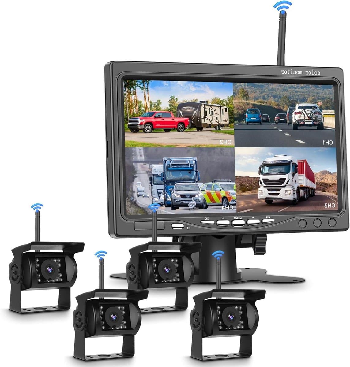 Draadloze Camera Set - Achteruitrijcamera Systeem - Veilig Parkeren - Vier Camera's - 7 Inch Scherm - Zwart