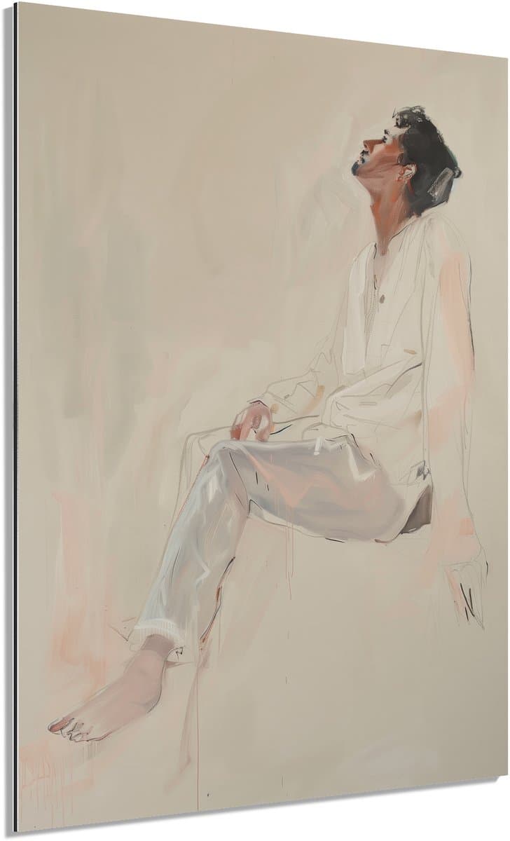 Zittende figuur wit beige - Schilderij 70x100 cm - Wanddecoratie op Aluminium Dibond - Aluminium Wandpaneel