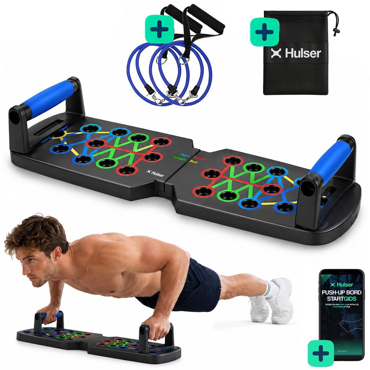 Hulser Push up bord - 14 in 1 - Met 2 weerstandsbanden - Met startgids - Grips - Bars - Steun - Parallettes board - Fitness plank - Opdrukken trainingsbord - Thuis sporten - Home workout - Elastiek