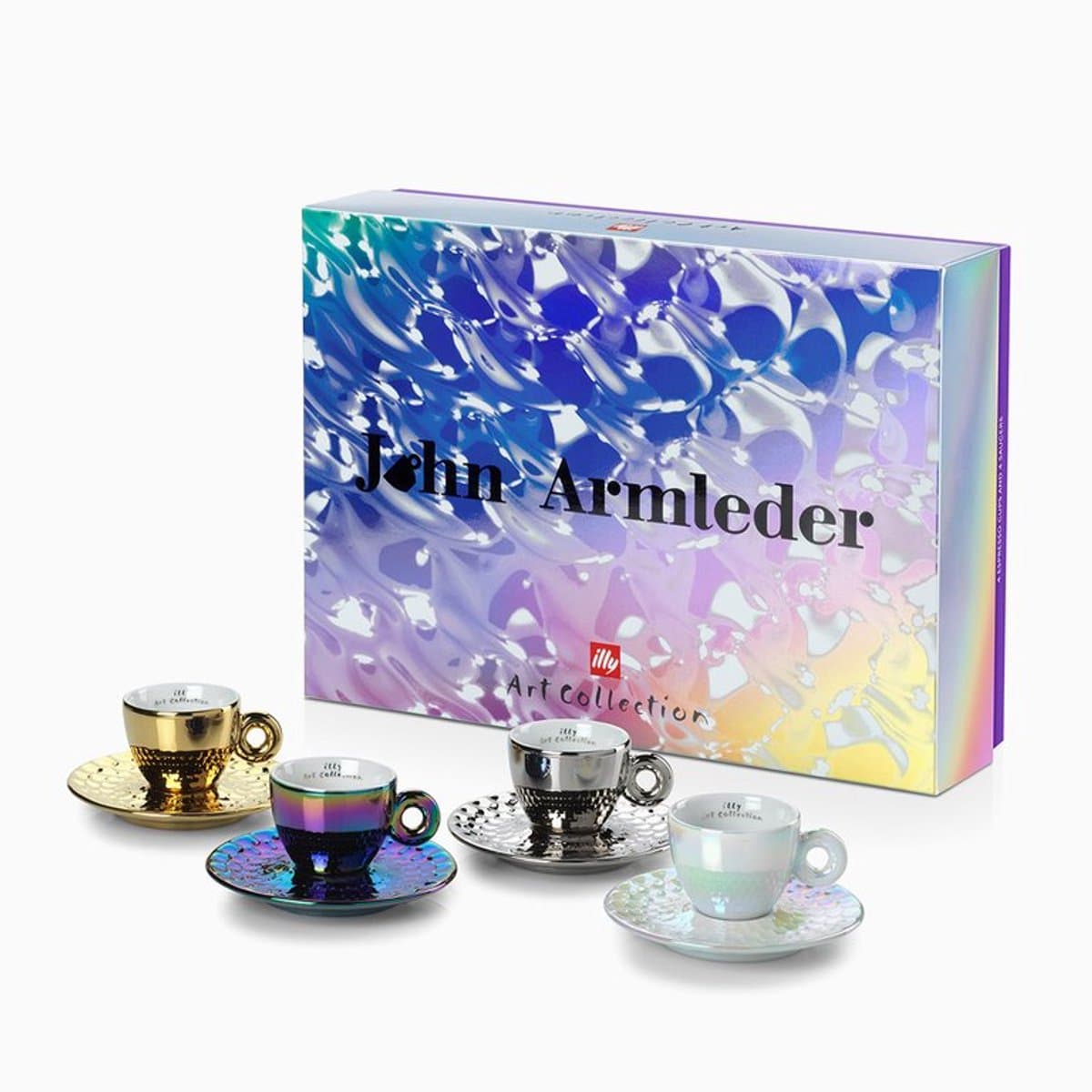 Illy Art Collection 2025 van John Armleder: porseleinen cappuccinokopjes met schoteltjes, 4 x 160 ml