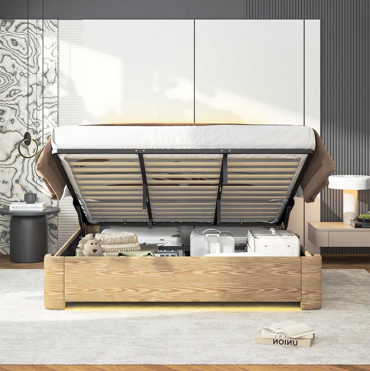 FloraGrace Bed 180x200 cm - Tweepersoons Bed Met Gaslift Opbergruimte En LED Verlichting - Zonder Matras - Stof - Beige