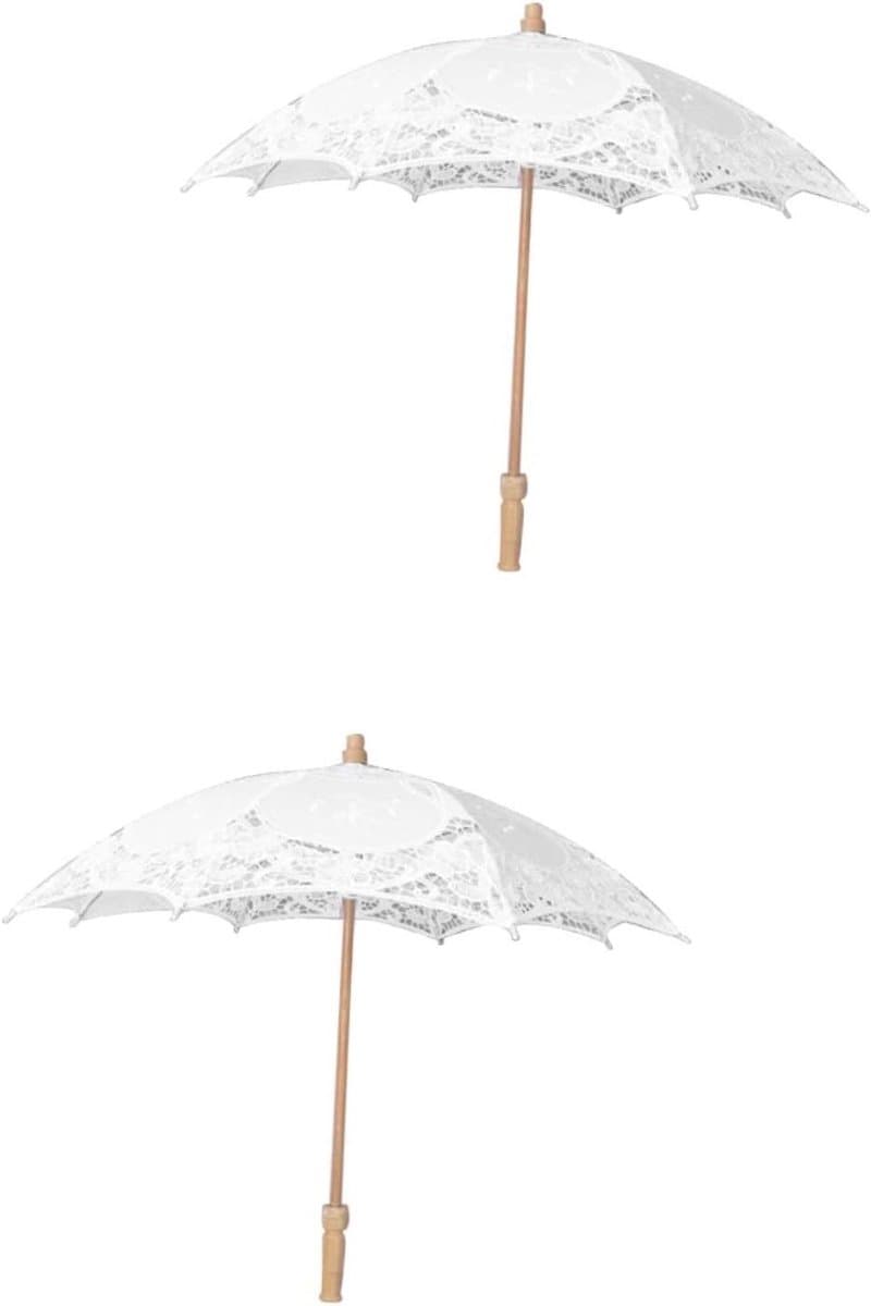Bruidsparasol van Kant - Decoratieve Parasol - Fotografie Requisieten - Met Witte Houten Handgreep