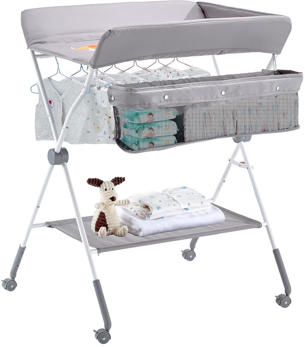 Babycommode Opvouwbaar - Luierstation Draagbaar - Babyverzorging Thuis - Verstelbare Hoogte - 85 x 75 x 109 cm - Lichtgrijs
