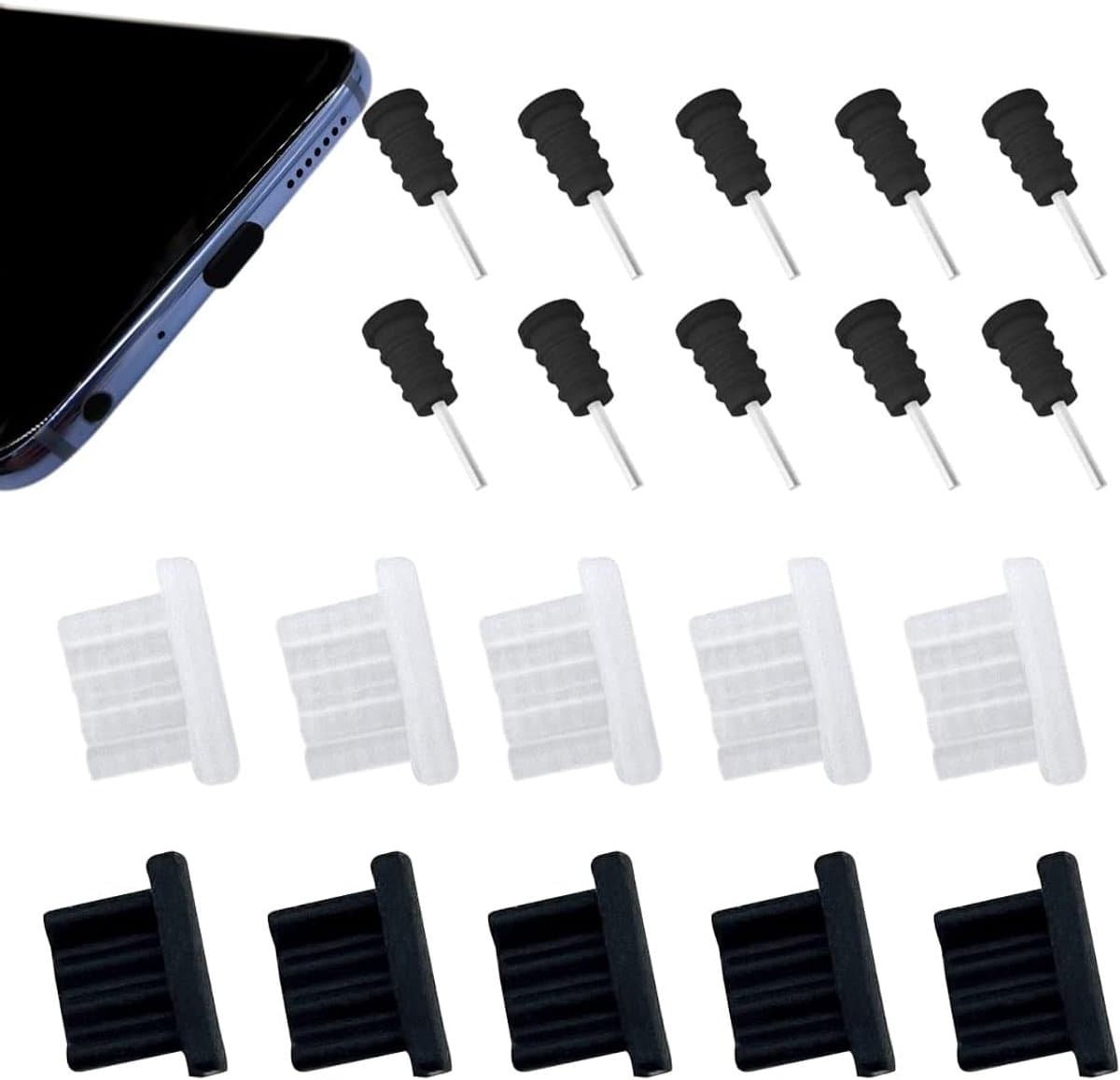 Set van 10 paar stofpluggen compatibel met micro-USB, tablets en alle Android-apparaten oplaadpoort en 3,5 mm oortelefoonaansluiting, siliconen anti-stofpluggen, trapeziumvormig ontwerp