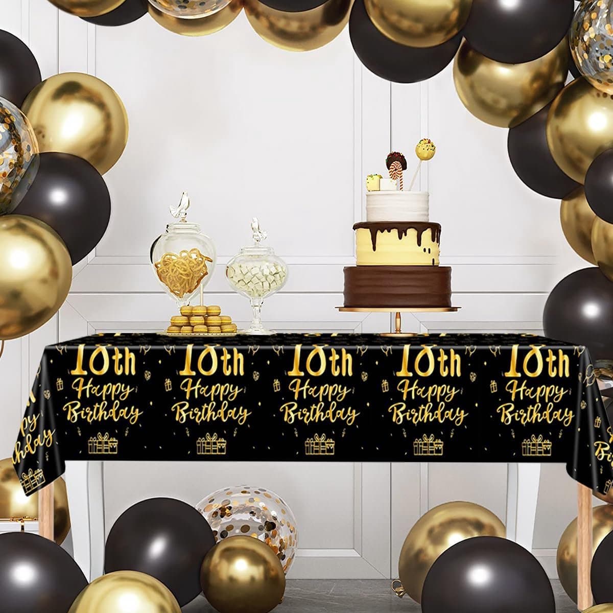 Tafelkleed 18 Jaar Verjaardag Versiering Tafelloper Plastic Tafelzeil Zwart Goud Feest Tafellaken Xl Formaat 137 * 274cm