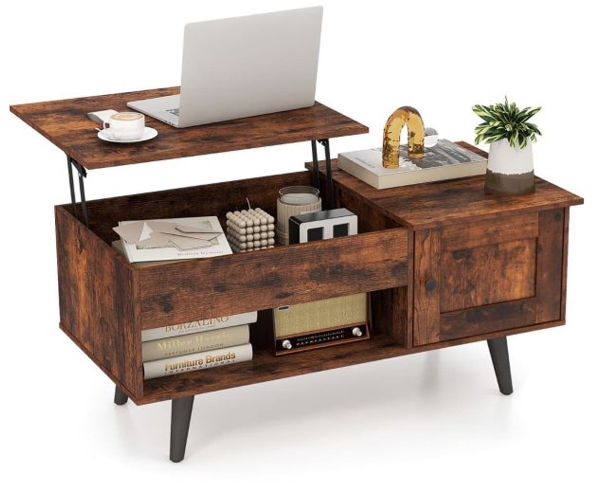 SureDeal® - Salontafel met Hefblad & Opbergruimte - MDF - 100x50x60 cm - Natuur - Gaslift Tafel met Verborgen Vak