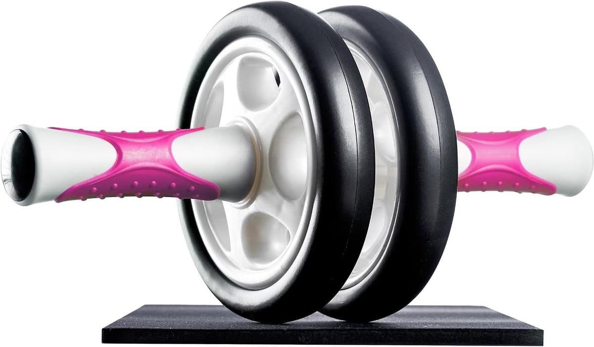 Buikspierroller - Core Trainer - Buikspieren Trainen - Inclusief Kniemat - 34x16 cm - Wit/Roze