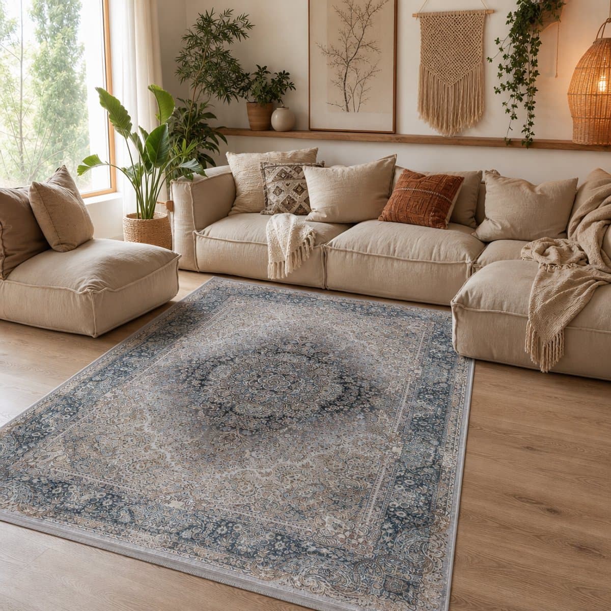 Star Klassiek Oosters Vloerkleed Wasbaar Anti Slip Grijs Blauw- 200x290 CM