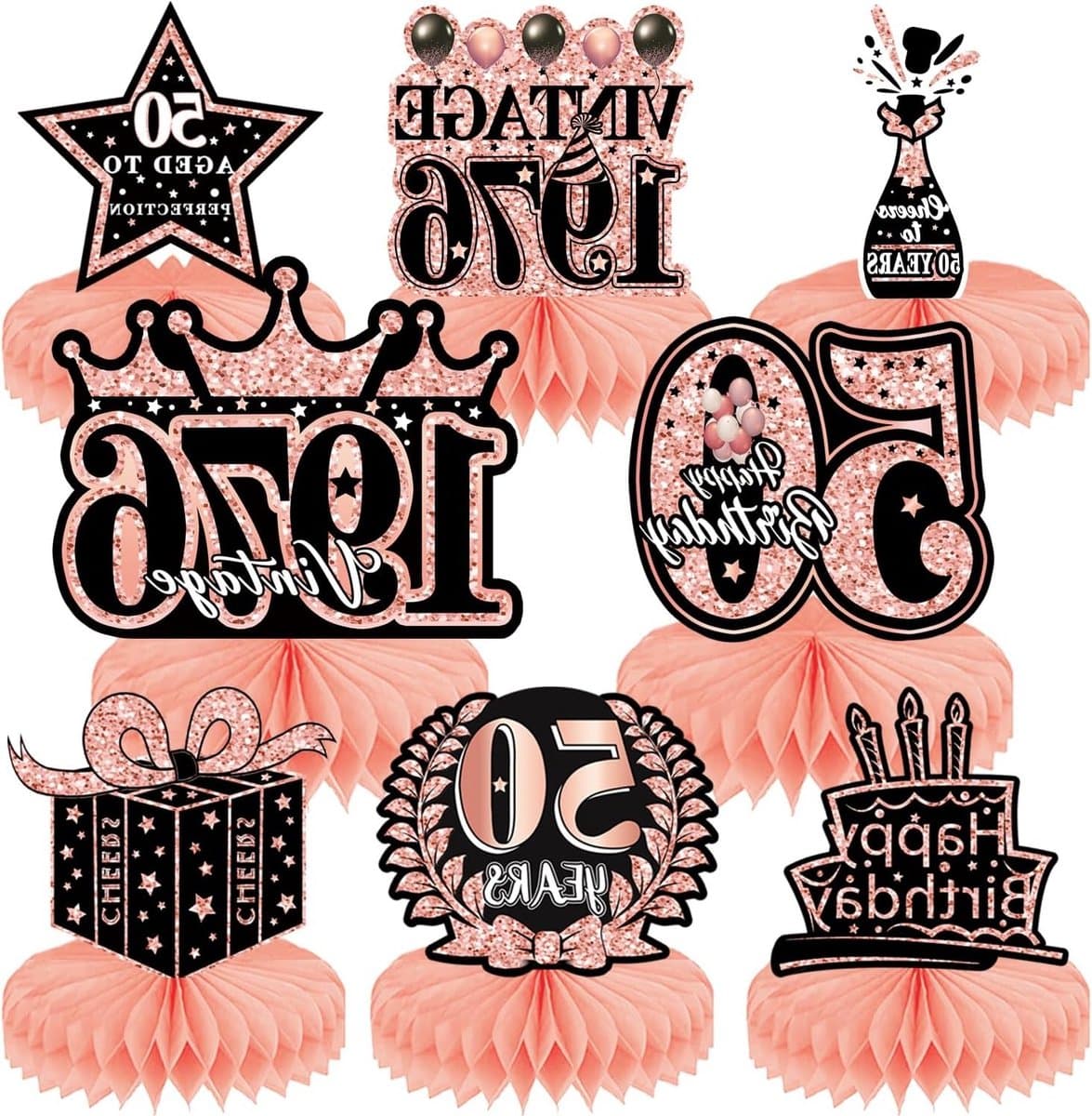Feestelijke Tafelversiering voor 50e Verjaardag, 8 Delige Set in Roze Goud, Decoratie voor Mannen en Vrouwen, Verjaardagsfeest Decoraties