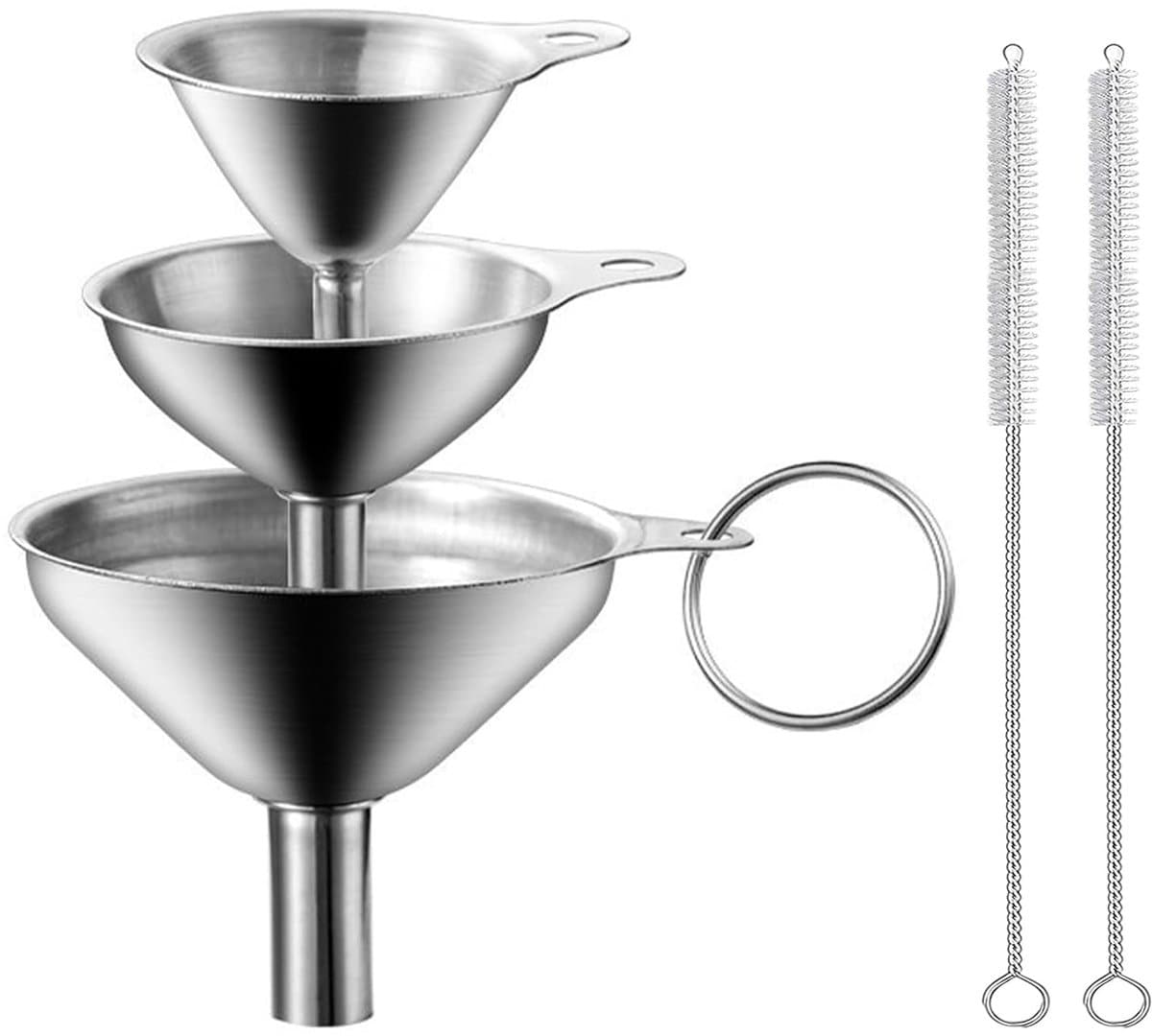 3 stuks trechters van roestvrij staal met 2 reinigingsborstels, metalen vultrechterset, mini-keukentrechter, kleine voor het overbrengen van vloeistof, kookolie (7,5/5,5/4,5 cm)