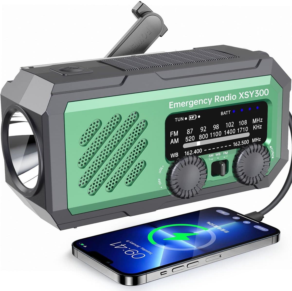 Handgedraaide zonne-energiecassetteradio – draagbare noodradio met leeslamp voor rampen- en rampenparaatheid – AM/FM – legergroen