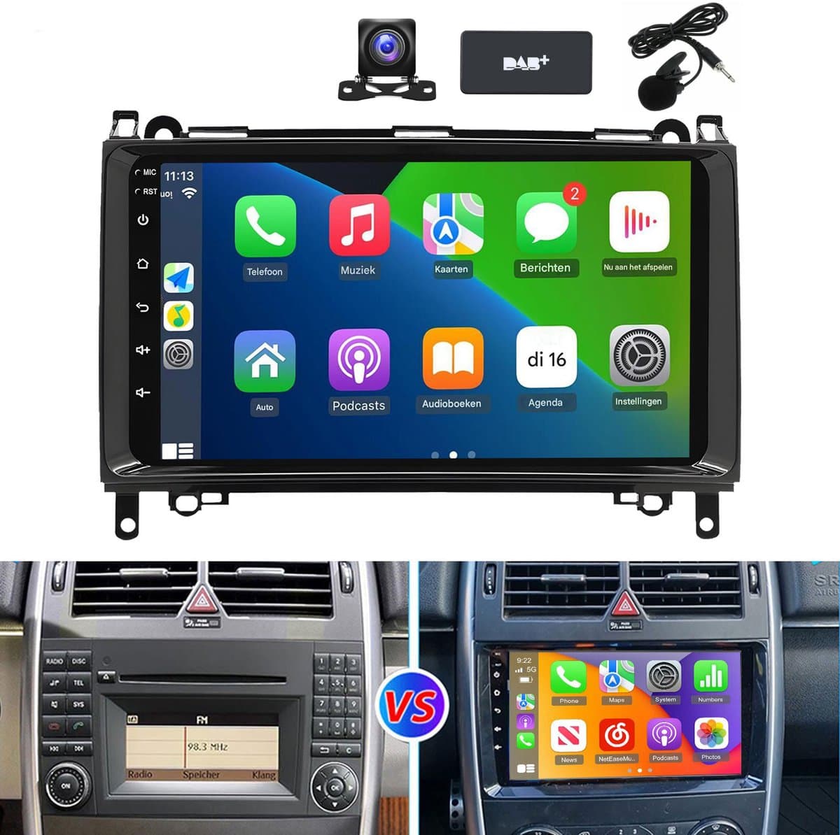 ESSGOO Autoradio - Geschikt voor Mercedes-Benz W169 W245 Sprinter W906 - Draadloze CarPlay & Andriod Auto - Android 15 4 + 64G - Bluetooth & Wifi FM RDS GPS-Navigatiesystem - AHD Achteruitrijcamera - DAB+ - Microfoon