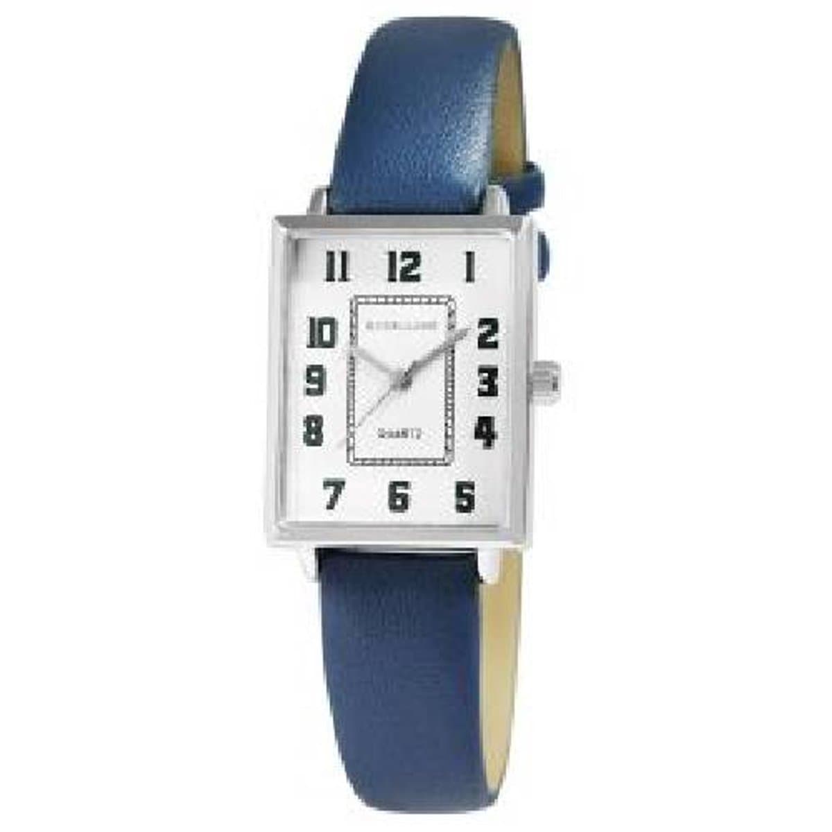 Excellanc-dameshorloge-model 1900272-001-rechthoekig-blauwe band-zilverkleurig