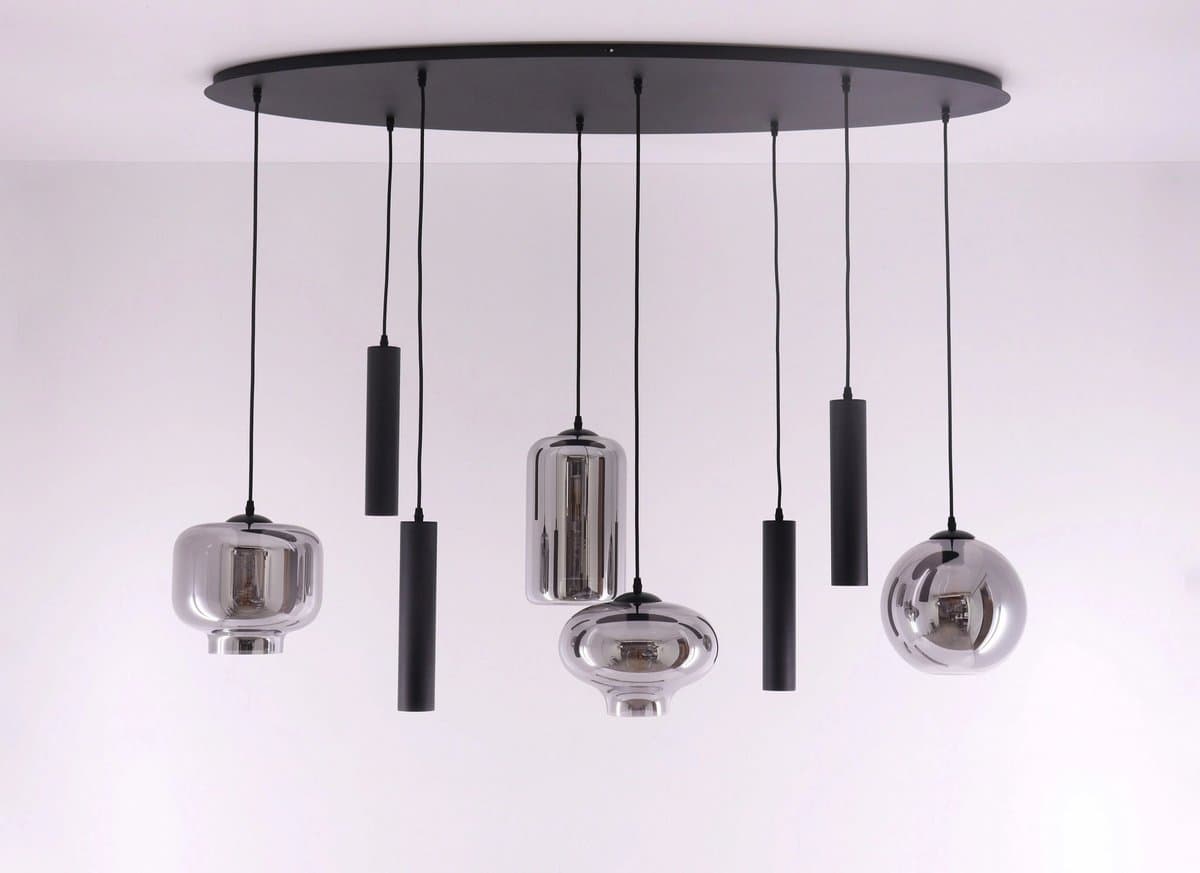 Hanglamp ovaal combi Smoke & Kokers gu10 - getint glas - 8lichts 140cm