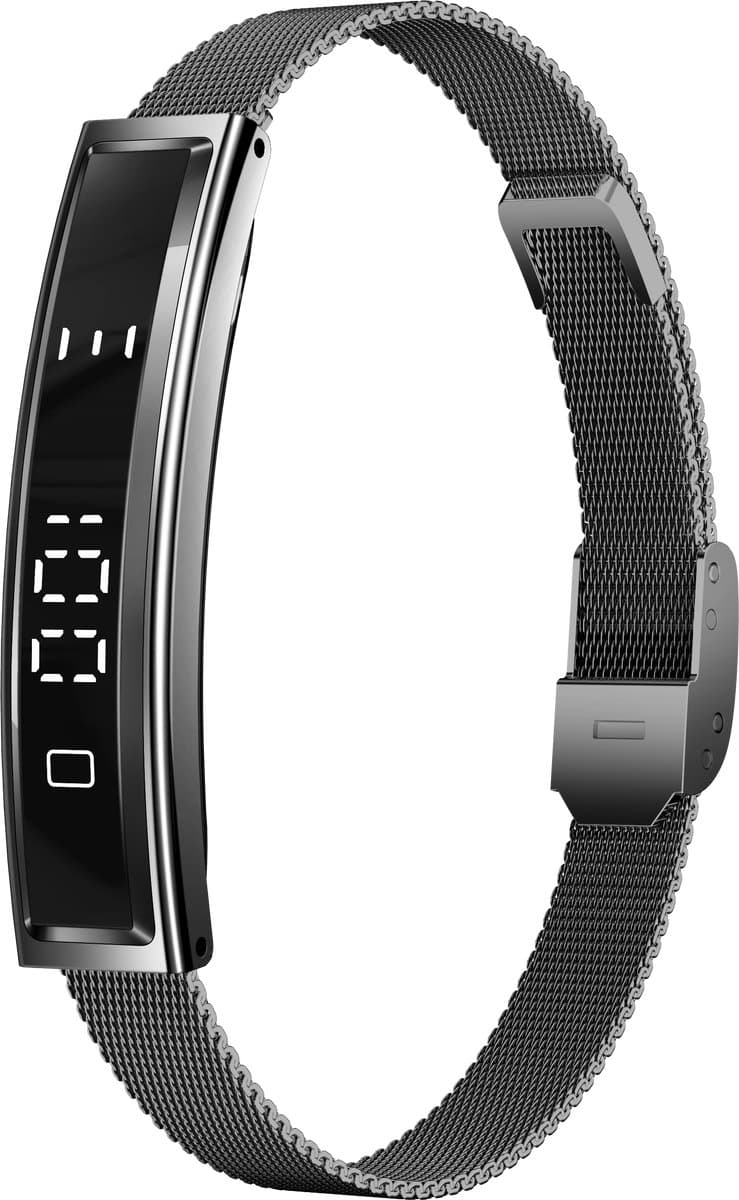 Knobbout Smart Armband – 4.5*1cm screen- Kleurenscherm, Hartslag-, Bloedzuurstof-, Stress- & Slaapmonitor, Sportmodi, Oproep- & Berichtmeldingen, Vrouwen Cyclus, Afstandsbediening Camera, Waterbestendig - Zwart staal +Silicone band