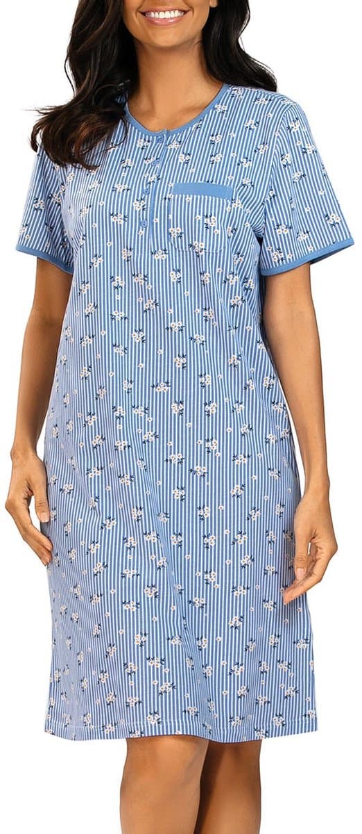 Comtessa Dames Nachthemd Korte Mouw – Blauw Gestreept Bloemen - 100 cm - 100% Katoen - Maat 52