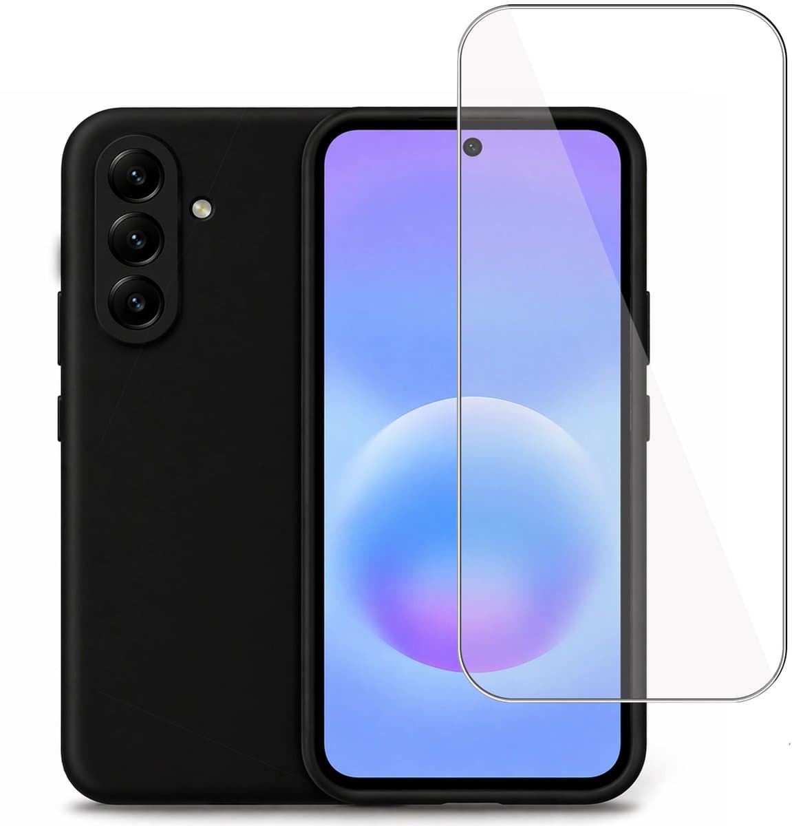 Technow hoesje + Screenprotector geschikt voor Samsung Galaxy A57 – Tempered Glass - Liquid Back Case - Cover - Zwart