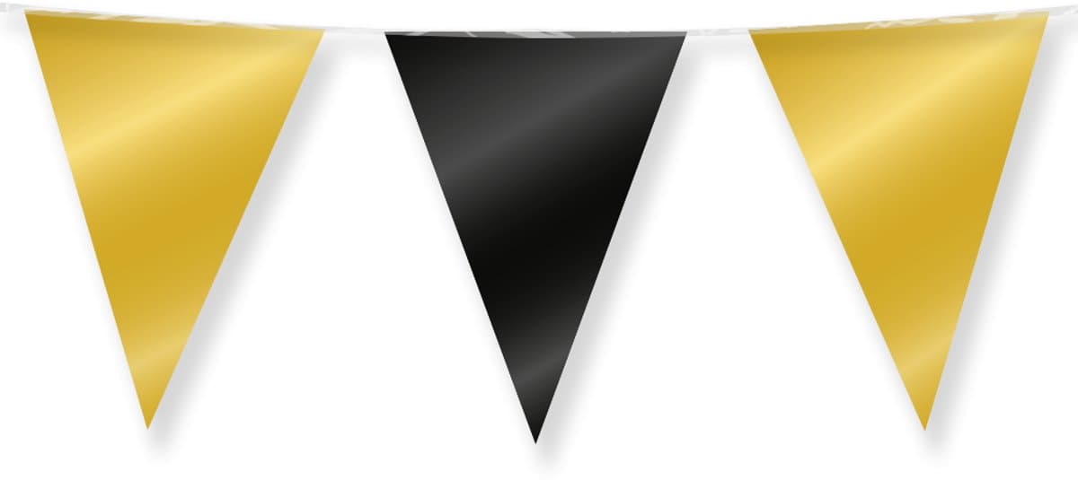 10 meter vlaggenlijn - Goud & Zwart - 15 vlaggen - Glimmende folie voor binnen & buiten - 30 cm vlaggen - Herbruikbare slinger