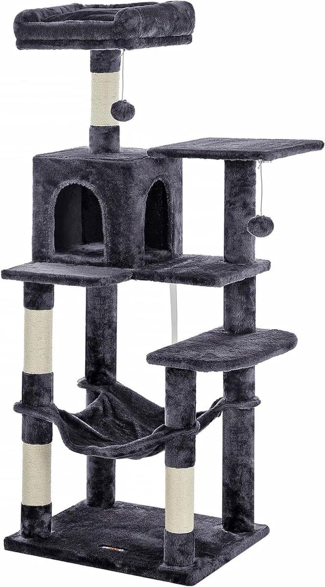 Kattenkrabpaal - Klimmeubel - Spelen en rusten - Met cave en hangmat - 143 cm hoog - Grijs