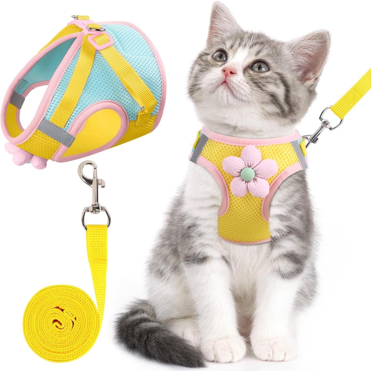 Ulisem - Kattentuigje en riemset - voor wandelen - ontsnappingsbestendig - verstelbaar kittentuigje van ademend mesh met reflecterende strepen - tuigje met bloemmotief voor kitten, puppy en konijn - geel - L