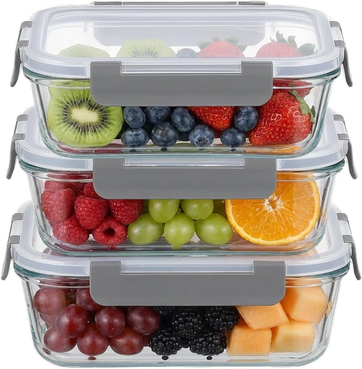 Set van 3 Borosilicaat Glazen Voedselopslagdozen met BPA-vrije Deksel, Geschikt voor Magnetron, Vriezer en Vaatwasser, Ideaal voor Maaltijdvoorbereiding en Versheid Bewaren